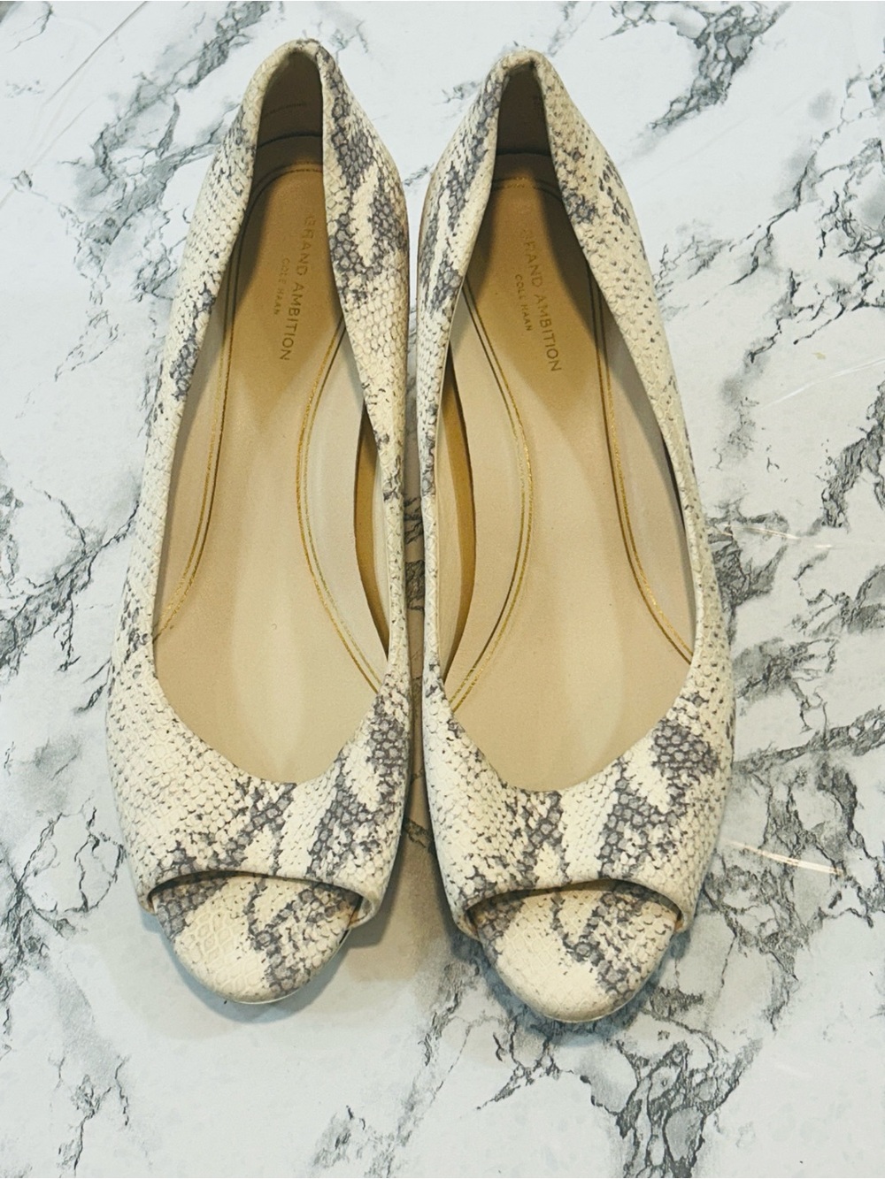 Cole Haan Cream and Gray Snake-Print Peep-Toe Wedges